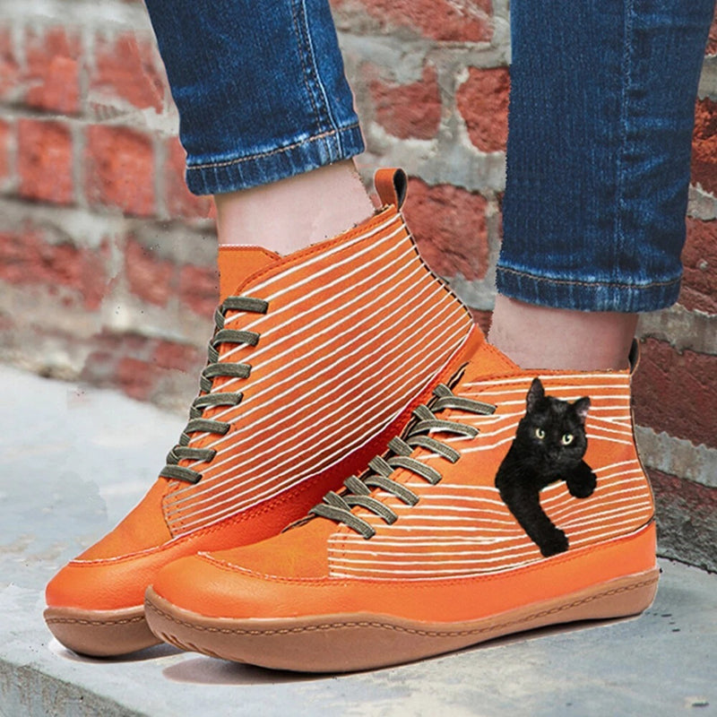 Cat Print Round Toe Ankle Boots